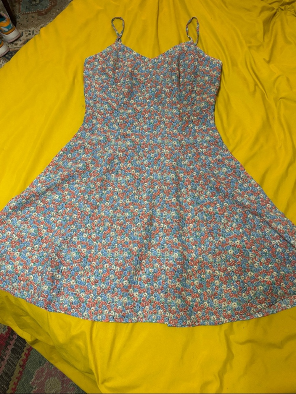 Vintage Express Blue and Red Floral Printed Sun Dress